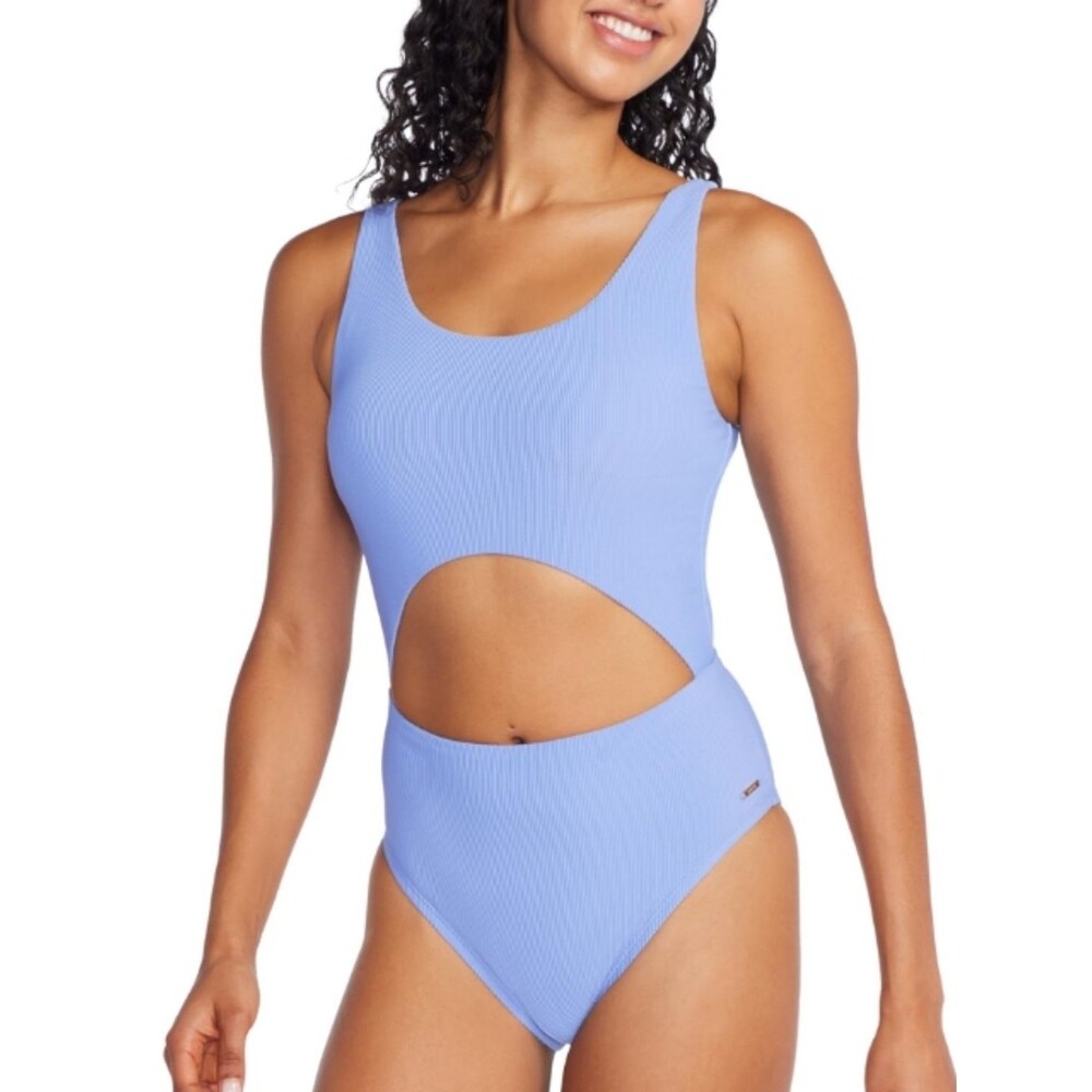NWT Speedo Swimsuit One Piece Keyhole Tie Back Light Blue Ribbed - Size 4